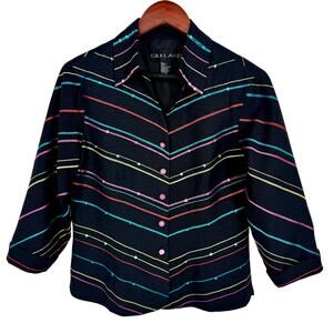 SILK LAND Sz Medium 100% Silk Black Blue Pink Wearable Art Jacket Shirt Top